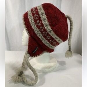 NEPAL EVEREST DESIGN EARFLAP HANDMADE 100% WOOL HAT Felt Red White Handmade EUC